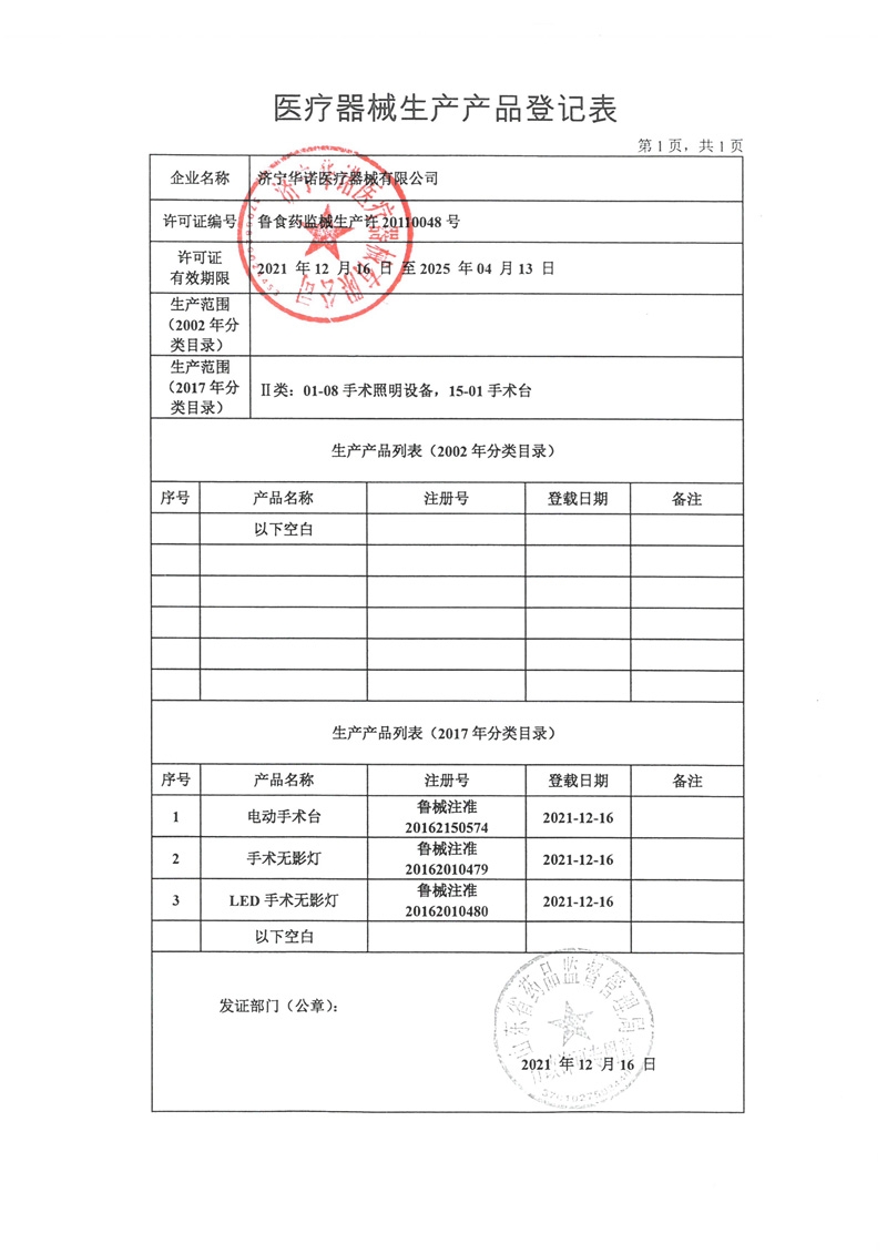 醫(yī)療器械生產產品登記表